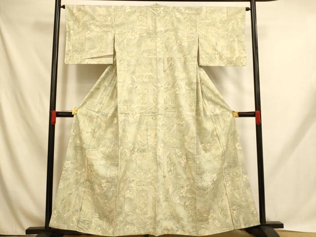 平和屋着物■上質な小紋 紬地 切り嵌め人物風景文 正絹 逸品 AABH9022fw