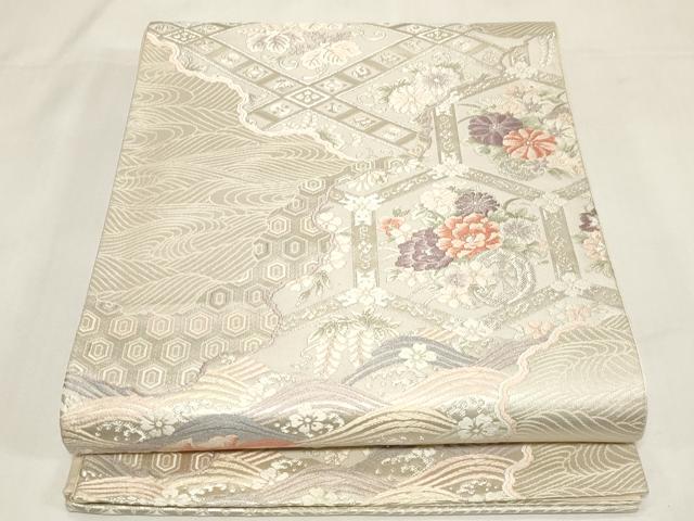平和屋着物◎六通柄袋帯　唐織　道長花鳥文　銀糸　正絹　逸品　CABF6036dy