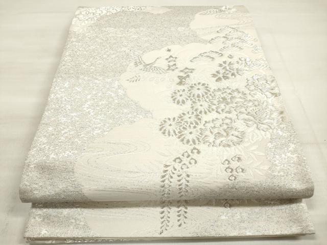 【中古】 袋帯 正絹(金銀糸除く) シルバー系 グリーン系 風景 お洒落 和装 呉服 和服 きもの レディース 女性 中古 袋帯 正絹(金銀糸除く) シルバー系 グリーン系 風景 お洒落 和装