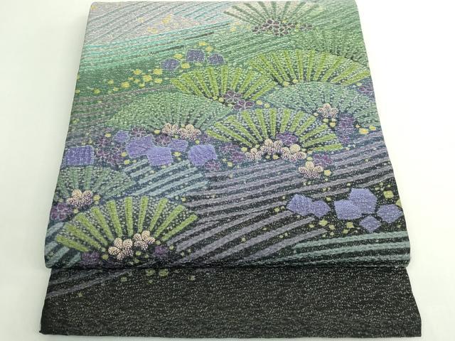 平和屋着物●極上　十日町　名門　滝泰謹製　太鼓柄袋帯　相良刺繍　襲絞り　おぼろ染め　花松文　銀通し地　逸品　DZAB5071kh6