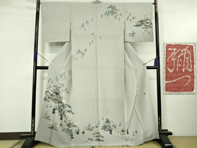 乐天商城 - 平和屋着物●極上　京友禅工芸作家　小宮山彌一　訪問着　祇園祭　人物風景　暈し染め　灰青色地　逸品　未使用　DZAB5633kh6