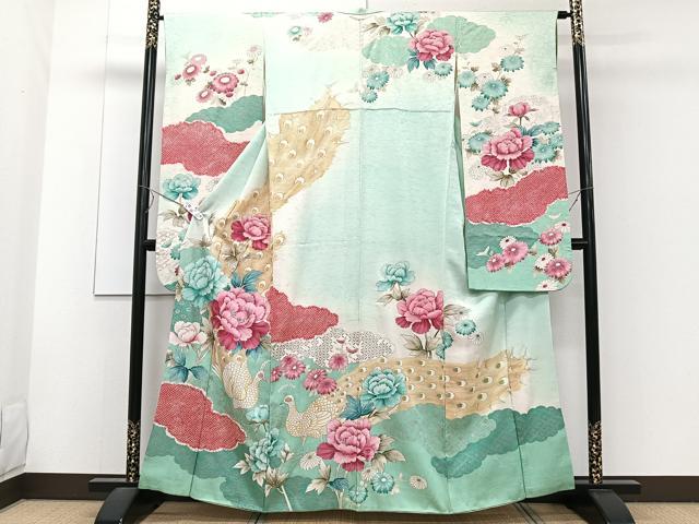 平和屋着物■豪華振袖　絞り　孔雀花文　銀彩　正絹　逸品　CABE9853xi