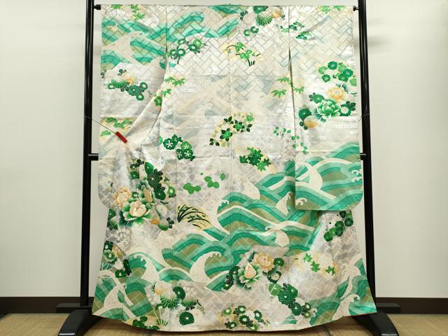 Kimono - 平和屋着物■豪華振袖　駒刺繍　扇面立波草花文　銀彩　正絹　逸品　CABF2897ze