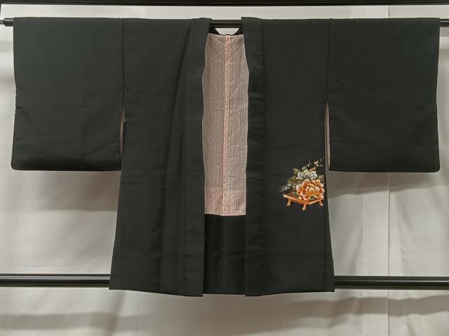 平和屋着物＃羽織 手描き 牡丹文 黒地 金銀彩 正絹 逸品 CABB5300ua