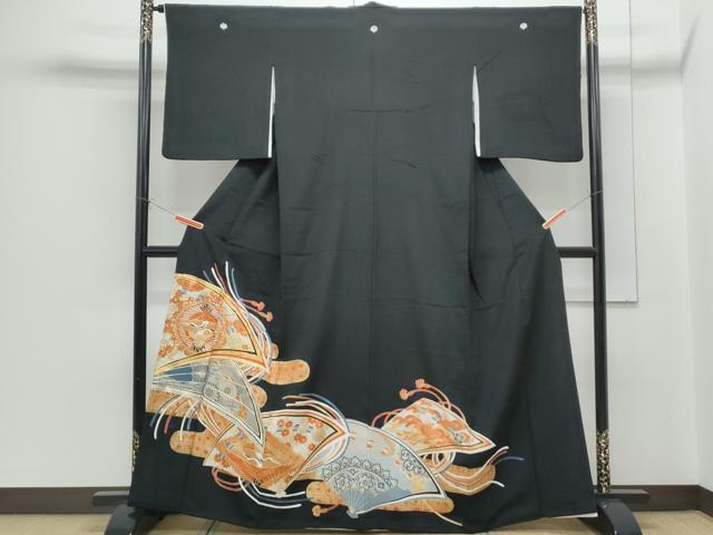 平和屋着物■豪華黒留袖　駒刺繍　扇面飛鶴花文　金彩　正絹　逸品　CABF1746th