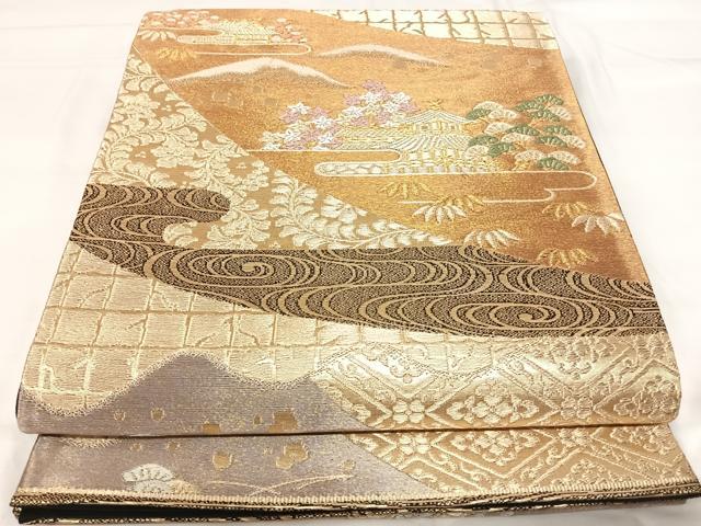 平和屋着物◎六通柄袋帯 唐織 金閣寺 紫峰水明 金糸 正絹 逸品 AABI1024yx