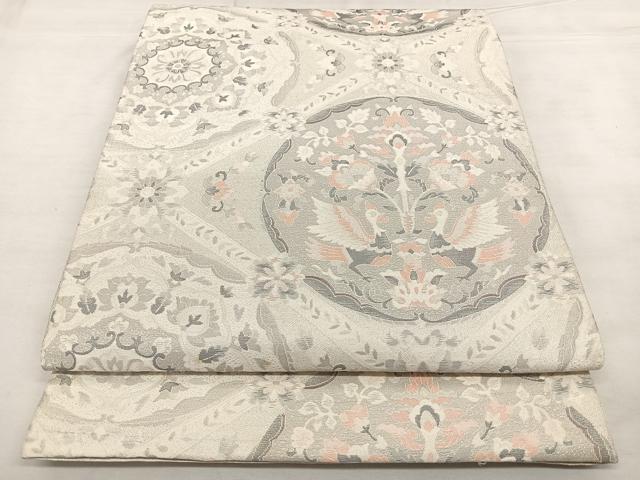 平和屋着物◎六通柄袋帯　花鳥丸文　銀糸　正絹　逸品　BAAX0029qw