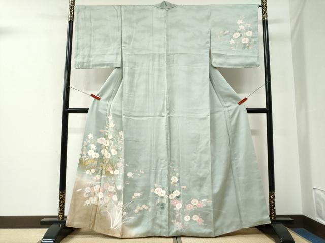 Full-Length Under-Kimono - 平和屋着物●訪問着　刺繍　草花文　暈し染め　金彩　正絹　逸品　CABE2689yc
