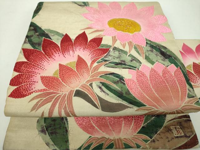 平和屋着物●アンティーク　大正ロマン　中国三大刺繍　相良刺繍　九寸名古屋帯　作家物　手刺繍　サボテンの花　正絹　逸品　DABD1955ps