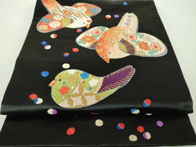 平和屋着物●アンティーク　大正ロマン　九寸名古屋帯　駒刺繍　総刺繍　鳥花文　黒地　金銀糸　正絹　逸品　DABD1957ps