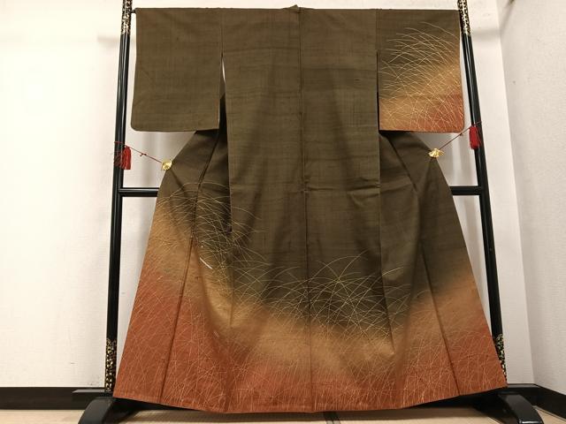 平和屋着物●訪問着　作家物　紬地　刺繍　楽器舞扇笹文　暈し染め　金彩　正絹　逸品　AABH4103ph