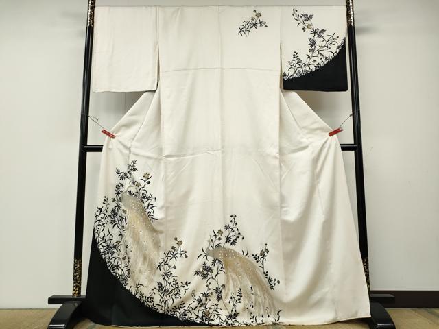 Full-Length Under-Kimono - 平和屋着物●訪問着　孔雀花文　草花シルエット　金彩　正絹　逸品　CABE7051ut