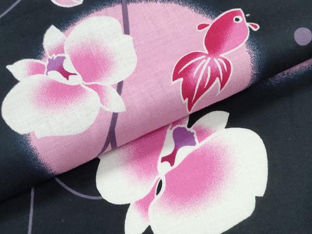平和屋着物∴夏物　浴衣　金魚　胡蝶蘭　黒地　綿　逸品　CABE8868ng