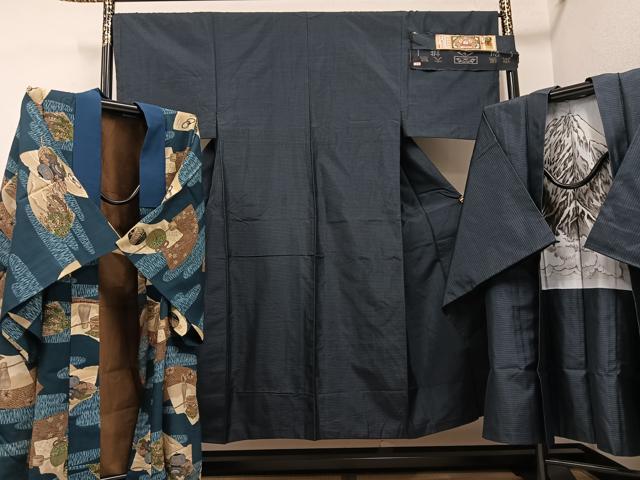平和屋着物●男性　本場大島紬　アンサンブル　長襦袢(無双仕立て)セット　上村商店　証紙付き　正絹　逸品　AABH4119ph