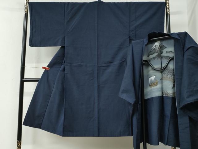 平和屋着物●男性　紬　アンサンブル　色無地　濃藍色　正絹　逸品　CABE2567yc