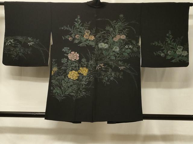 平和屋着物＃羽織　寿光織　草花文　黒地　金銀糸　正絹　逸品　CABE5553in