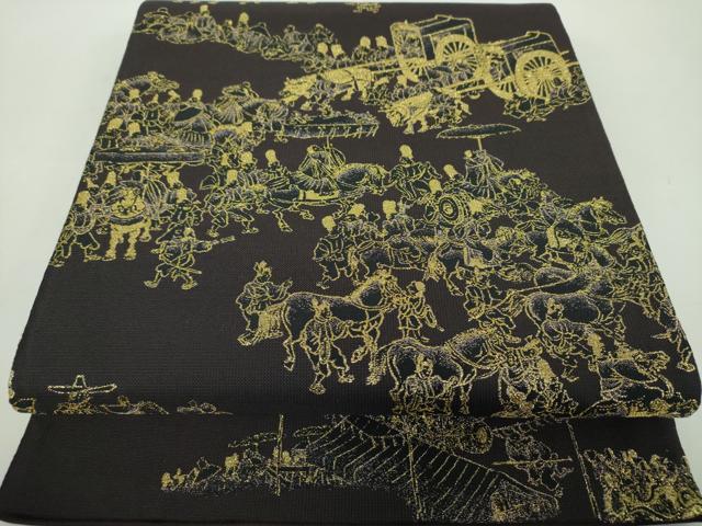 乐天商城 - 平和屋着物●全通柄袋帯　洛中洛外図　黒地　金糸　正絹　逸品　DABD1803ps
