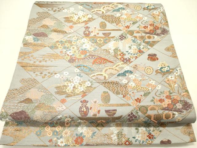 平和屋着物●六通柄袋帯　唐織　草花菱文　金糸　正絹　逸品　DABE1084op