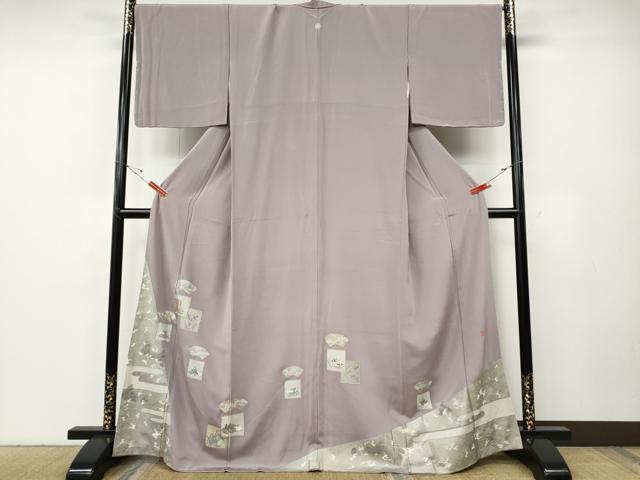 「縁」154ｃｍ～160ｃｍ 松尾光琳 銀彩染 色留袖 訪問着 正絹 Ｂ９３７ 中古 色留袖 松尾光琳 木賊鷺 落款入り 一つ紋付き 縮緬 正絹 古典柄
