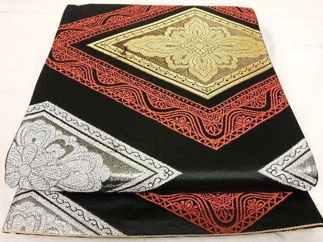 Other - 平和屋着物◎六通柄袋帯　唐織　花菱文　黒地　金銀糸　正絹　逸品　AABI0961yx