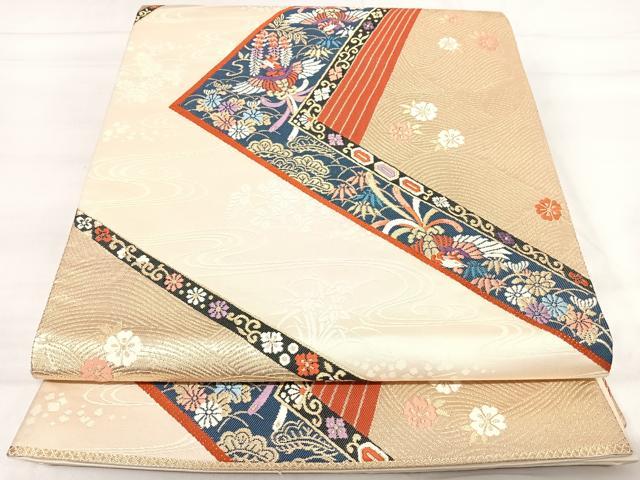 平和屋着物◎六通柄袋帯　唐織　裂取縫調文　金糸　正絹　逸品　AABI0971yx