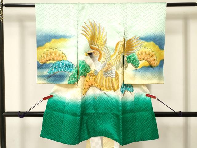 平和屋着物[]お宮参り　男の子　祝着　産着　初着　のしめ　刺繍　鷹　鷲　松文　暈し染め　金彩　逸品　DABC5376ma