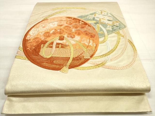 平和屋着物◎太鼓柄袋帯　総刺繍　鏡裏花文　金糸　正絹　逸品　DABE8130xg