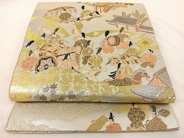 平和屋着物◎六通柄袋帯　人物風景文　金銀糸　正絹　逸品　AAAJ3853Bcy