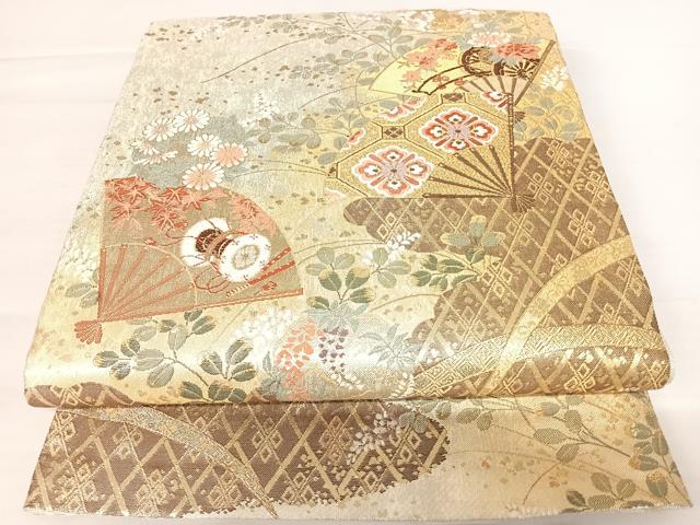 平和屋着物◎六通柄袋帯　唐織　福寿扇面散文　金銀糸　正絹　逸品　AABA2098yx