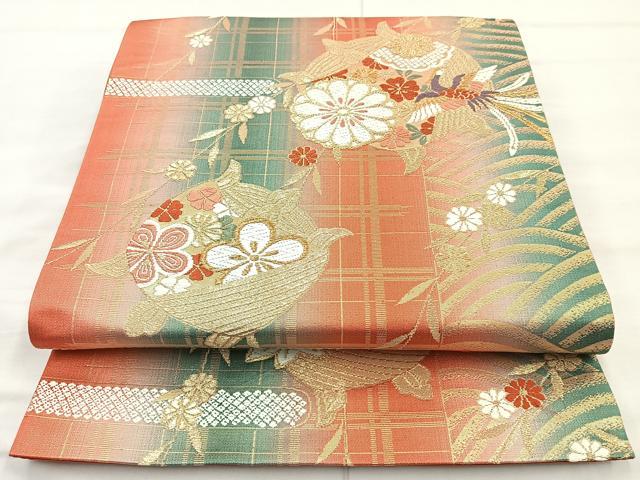 平和屋着物◎六通柄袋帯　唐織　糸巻車花鳥文　金糸　正絹　逸品　BAAN1122cm