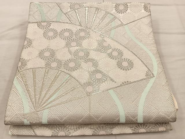 平和屋着物◎六通柄 京袋帯 扇面菊花文 銀糸 正絹 逸品 BAAX4429mz