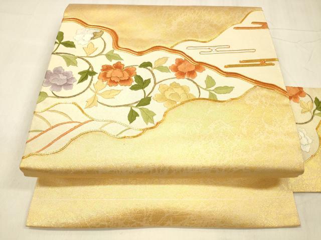平和屋着物▼九寸名古屋帯 駒刺繍 総刺繍 枝花文 金糸 正絹 逸品 DABE6185cm