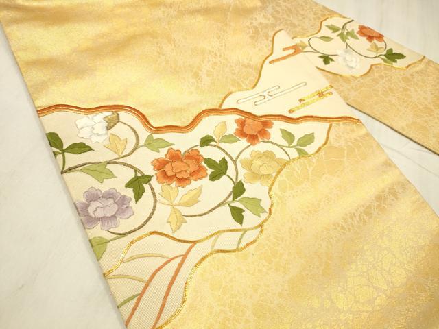 平和屋の平和屋着物▼九寸名古屋帯 駒刺繍 総刺繍 枝花文 金糸 正絹 逸品 DABE6185cm｜アングル2