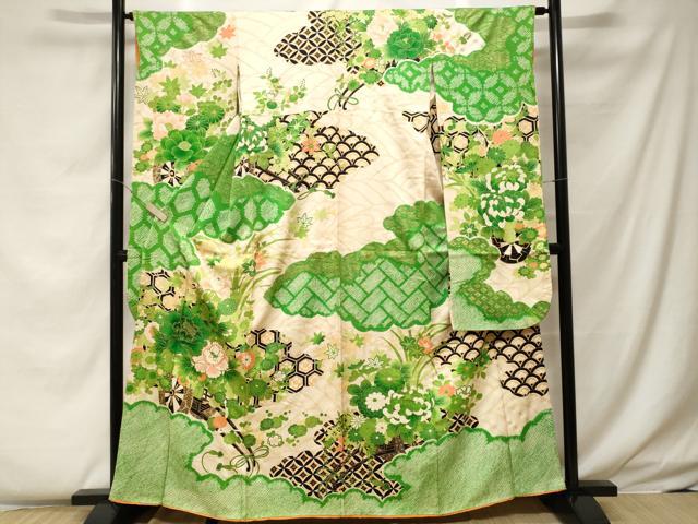 Kimono - 平和屋着物■豪華振袖　絞り　雲取り吉祥花車文　金彩　正絹　逸品　CABF4278ev