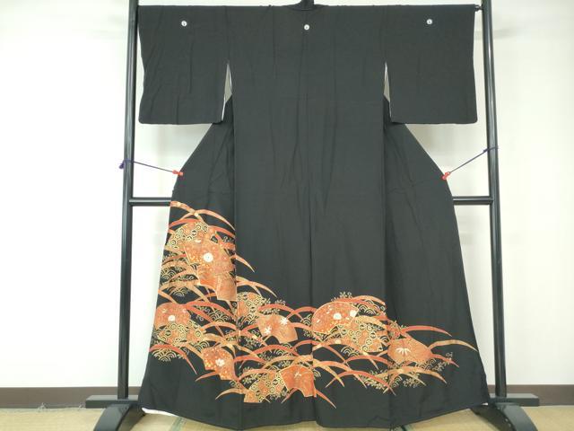 乐天商城 - 平和屋着物■豪華黒留袖　駒刺繍　地紙枝松花文　金彩　正絹　逸品　DABE8595qa