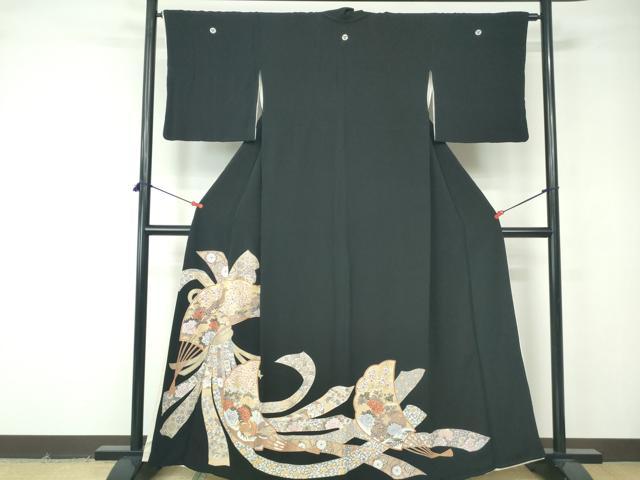 平和屋着物■豪華黒留袖　駒刺繍　扇面花鳥文　金彩　正絹　逸品　DABE8603qa