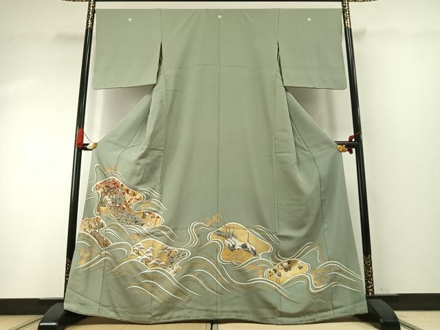 乐天商城 - 平和屋着物●豪華色留袖　友禅　駒刺繍　立波花鳥文　金彩　正絹　逸品　AABG4820fy