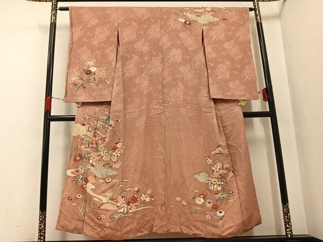 アンティーク着物　二尺袖大正ロマン　小振袖　駒刺繍　檜扇吉祥花文　正絹 平和屋着物○アンティーク 大正ロマン 色留袖 刺繍 扇面草花文 正絹