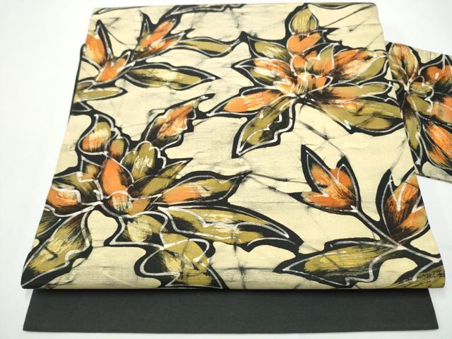 乐天商城 - 平和屋着物●塩瀬　全通柄　九寸名古屋帯　手描き　草花文　黒地　正絹　逸品　CABE4595hy
