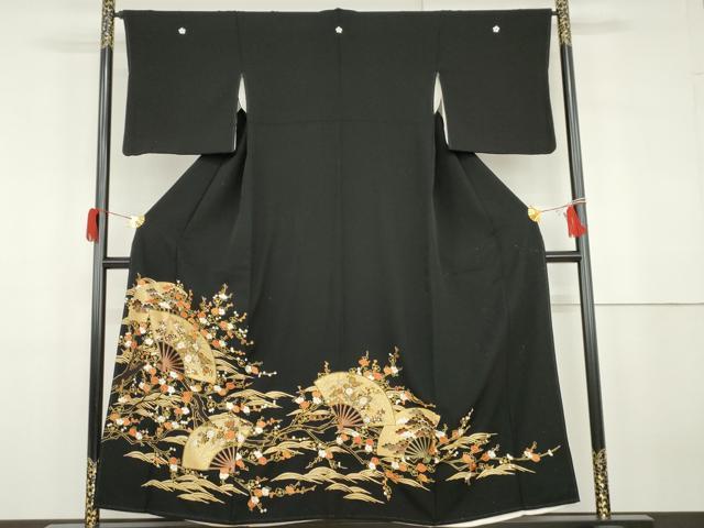 平和屋着物●豪華黒留袖　中国三大刺繍　スワトウ刺繍　汕頭刺繍　扇面梅松文　金糸　金彩　正絹　逸品　AABG9842cs