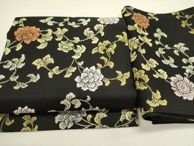 平和屋着物●つけ帯　唐織　更紗花文　黒地　正絹　逸品　DABD0819op