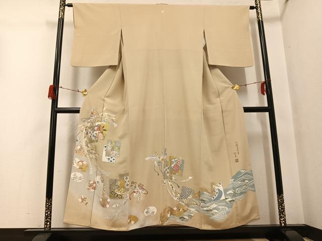 平和屋着物●伝統工芸士 村井紀夫 色留袖 駒刺繍 色紙吉祥花文 金彩 正絹 逸品 AABG7597ph