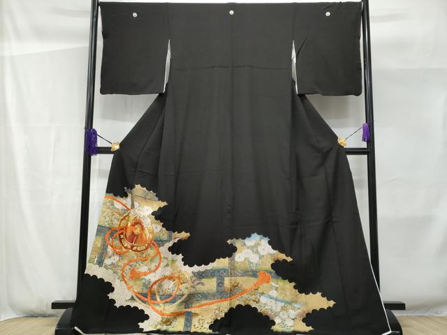 Rakuten - 平和屋着物■豪華黒留袖 駒刺繍 鏡裏花文 金彩 ロング丈 正絹 逸品 CABF1146fb