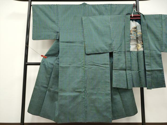平和屋着物●極上　男性　紬　アンサンブル　縞　逸品　CYAA4872s6