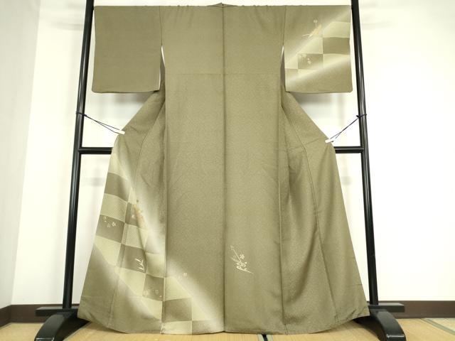 Full-Length Under-Kimono - 平和屋着物●訪問着　刺繍　市松に簪　暈し染め　金彩　正絹　逸品　DABC3949az