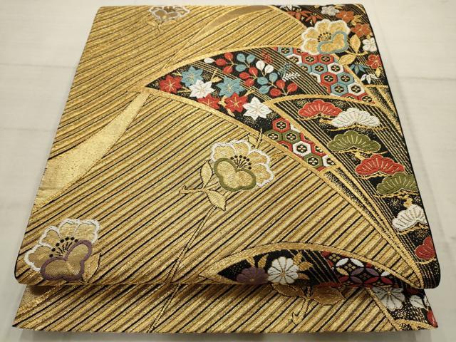 平和屋着物◎六通柄袋帯　唐織　斜縞草花文　金糸　正絹　逸品　AAAV1854ru