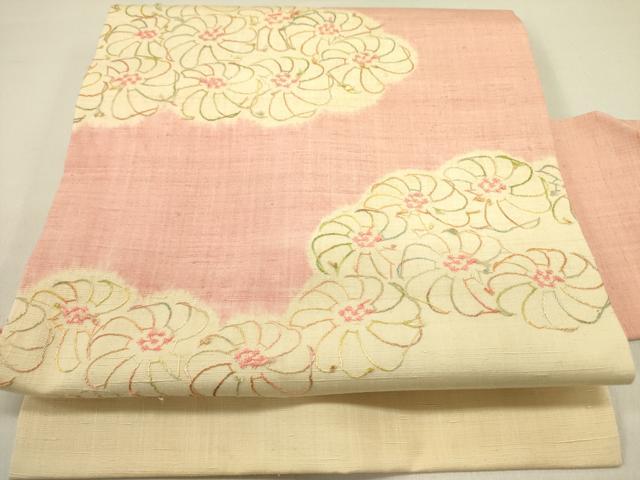 平和屋着物●九寸名古屋帯　紬地　刺繍　菊　正絹　逸品　DABD0622op