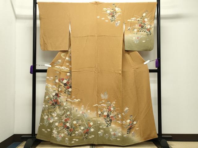 Kimono - 平和屋着物●訪問着　駒刺繍　流水草花文　暈し染め　金彩　鬼しぼ縮緬　正絹　逸品　CABD9148gh