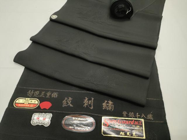 妇女和服 - 平和屋着物▼羽織・コート　黒生地　反物　羽尺　三重織　紋刺繍　堅牢染　風景地紋　逸品　未使用　DABD4832zy