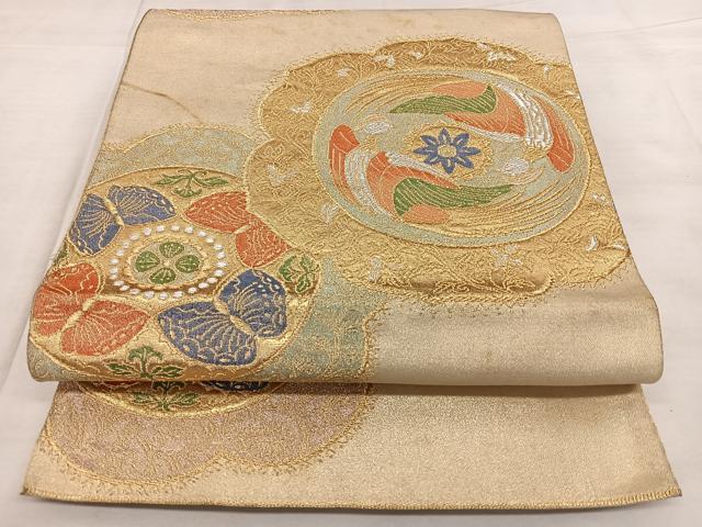 平和屋着物◎六通柄袋帯　唐織　絵皿花鳥文　金銀糸　正絹　逸品　BAAX4033qw